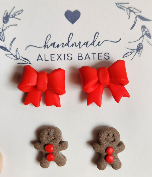 Christmas Ribbon and Gingerbread Man Earring Studs