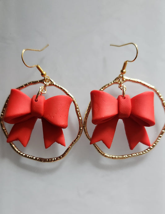 Large Christmas Bow Gold Hoops