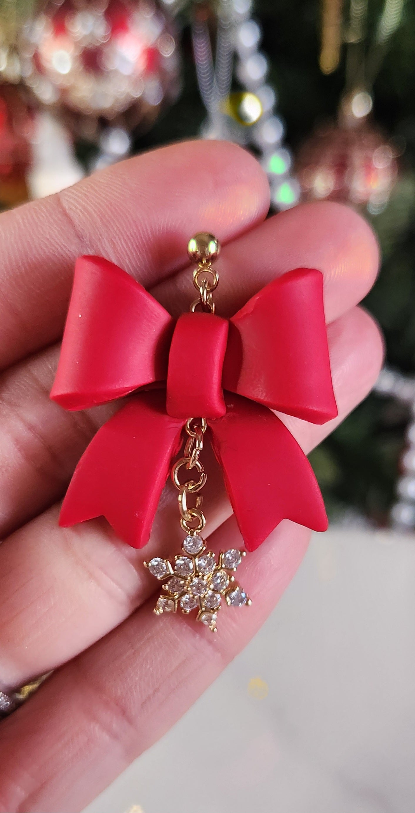 Large Christmas Bow with CZ Snowflake Dangle