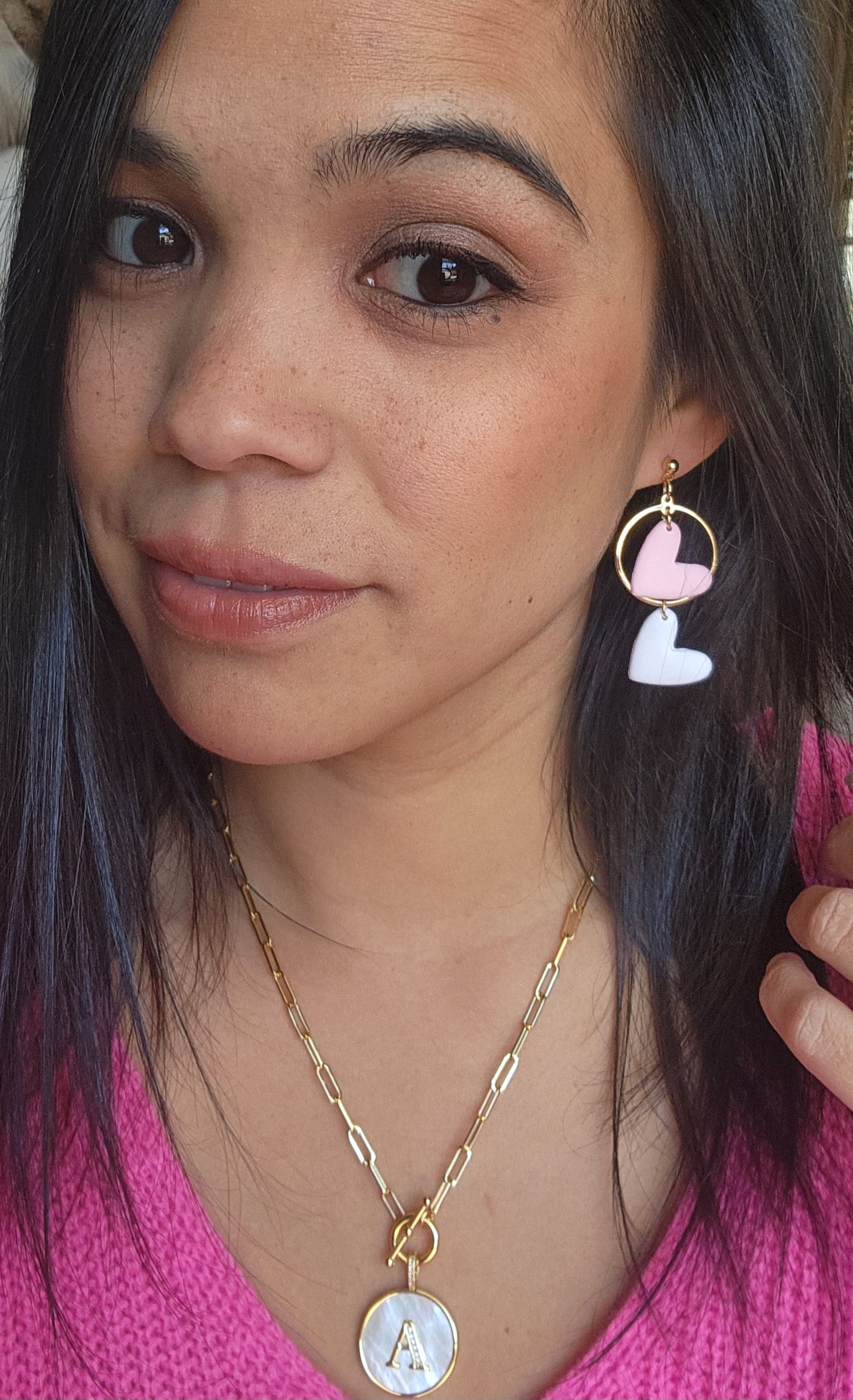 Pink Heart Gold Hoop Dangle