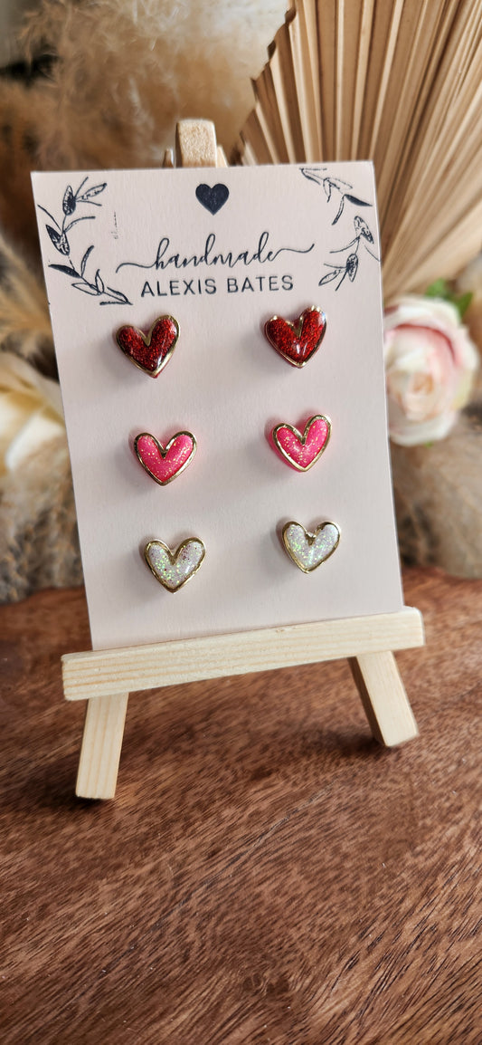 Glitter Heart Studs with Gold Border