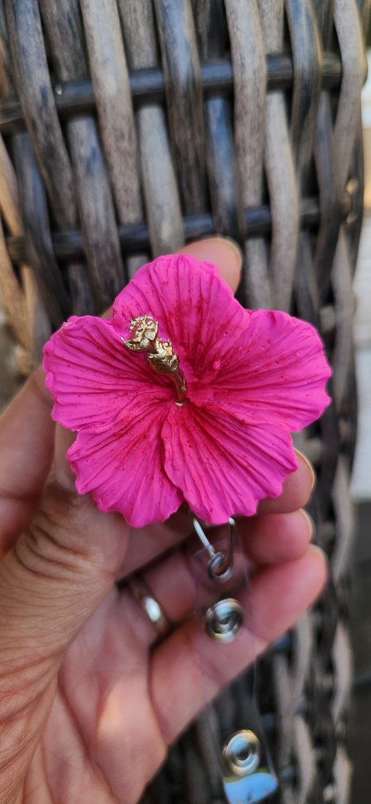 Hibiscus Badge Reels (pink, purple, yellow)